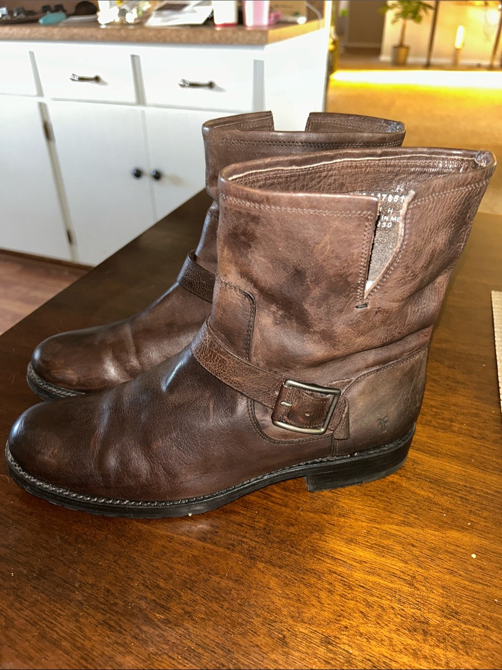 Frye Dark Brown Leather Engineer Boots with Ankle Buckle